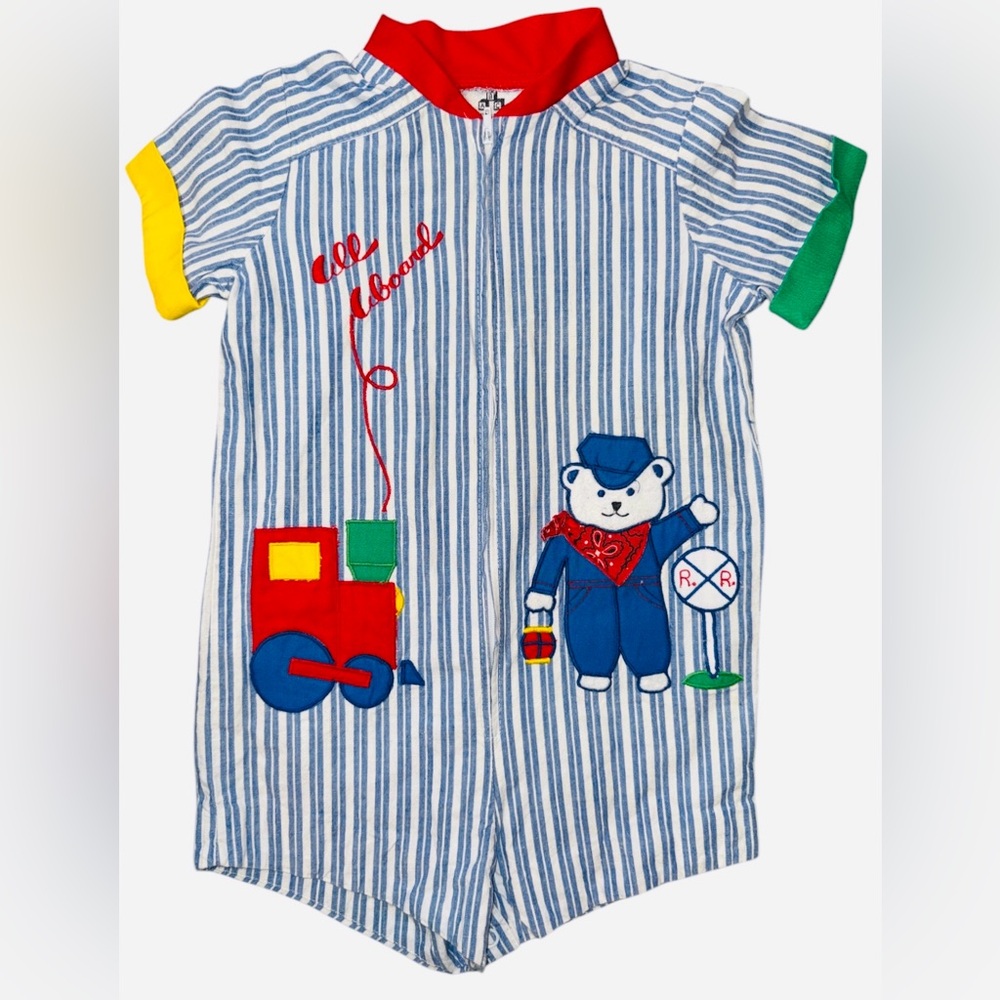 Vintage Striped Blue and White Kids One Piece with Bear Train Design 24 months